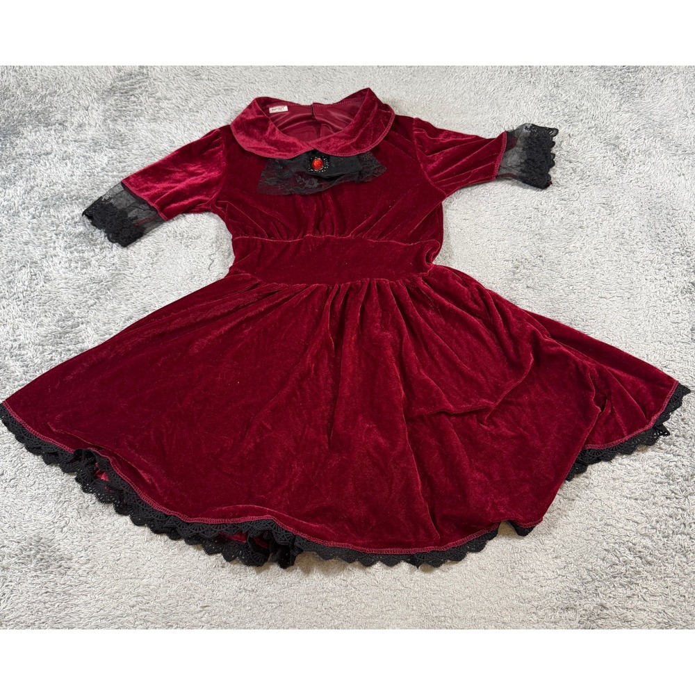 Spirit Womens Gothic Vampire Velvet Dress Large Burgundy Lace Trim Faux Gemstone